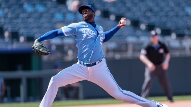 Jun 29, 2023; Kansas City, Missouri, USA; Kansas City Royals relief pitcher Aroldis Chapman (54) pitches during the tenth inning against the Cleveland Guardians at Kauffman Stadium. Mandatory Credit: William Purnell-USA TODAY Sports